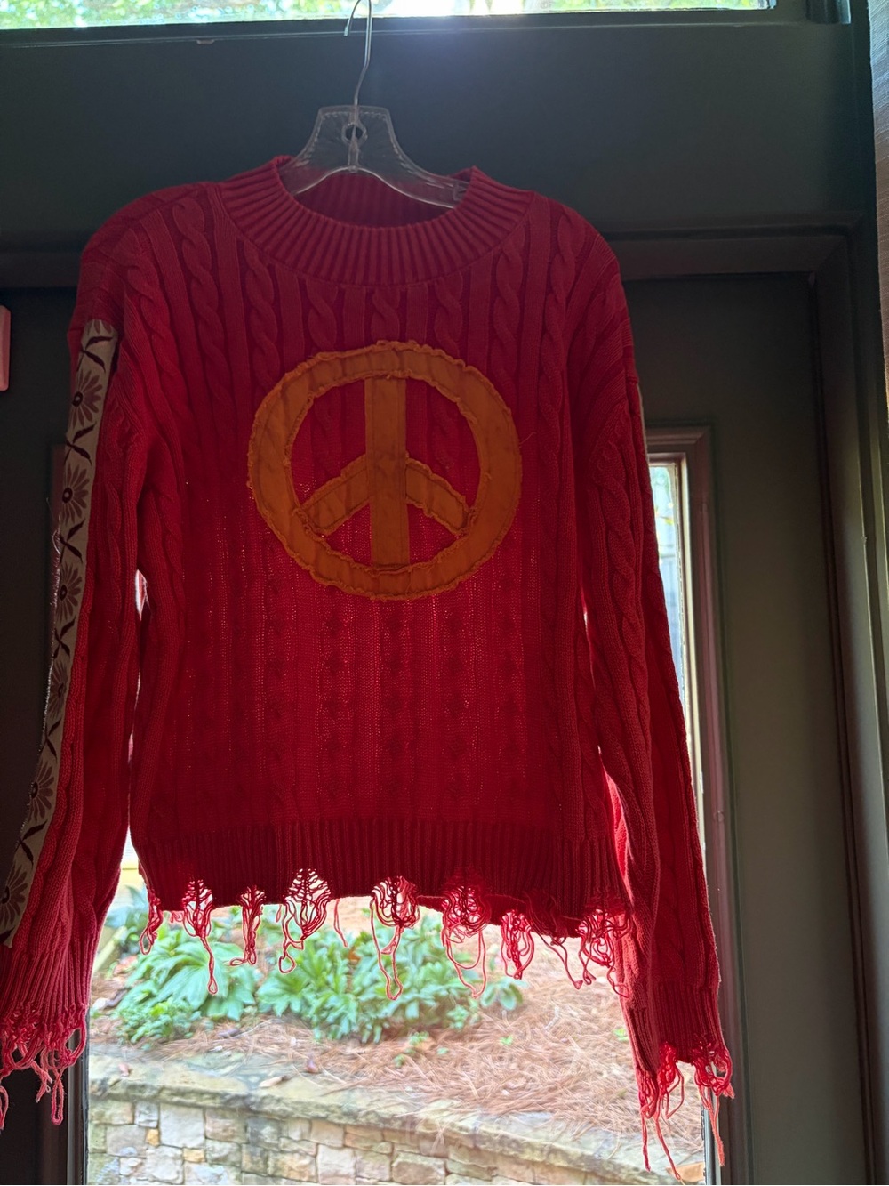 POL Red Cable-Knit Sweater with Yellow Peace Sign